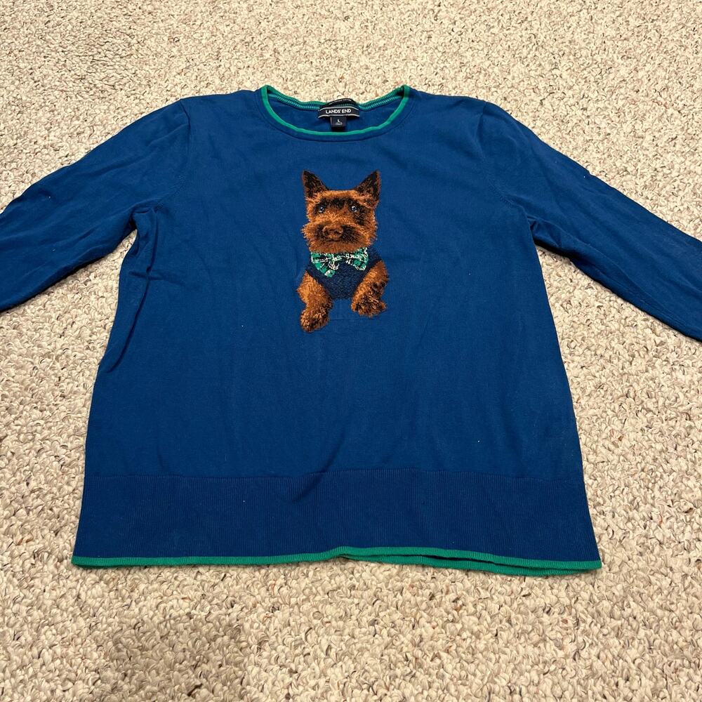 Lands End Scottish Terrier Sweater Sz L 100% Cotton 3/4 Sleeve Preppy Casual